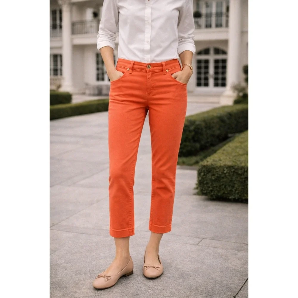 Tory Burch Pants Cropped Skinny Jeans Orange Mid Rise Womens 26 Old Money Luxury